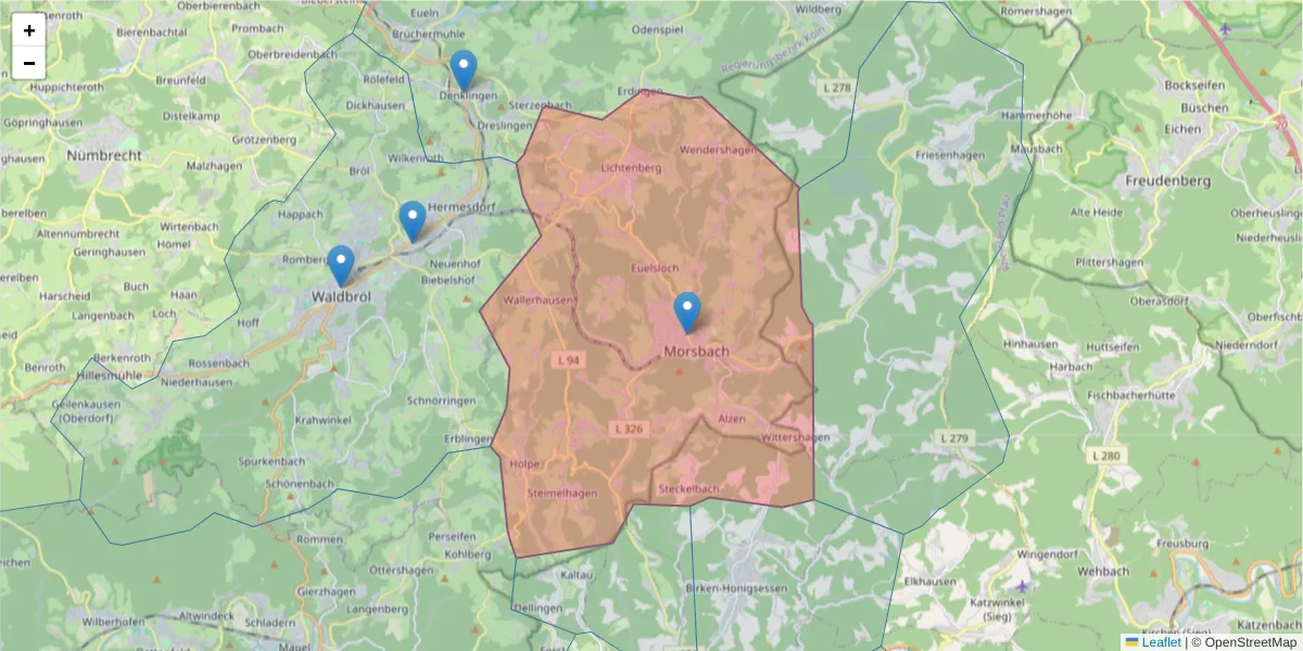 Karte des Postleitzahlen Bereichs  und der umliegenden Postleitzahlen in Deutschland