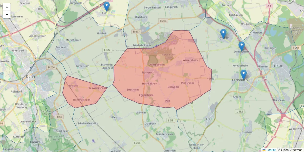 Karte des Postleitzahlen Bereichs  und der umliegenden Postleitzahlen in Deutschland