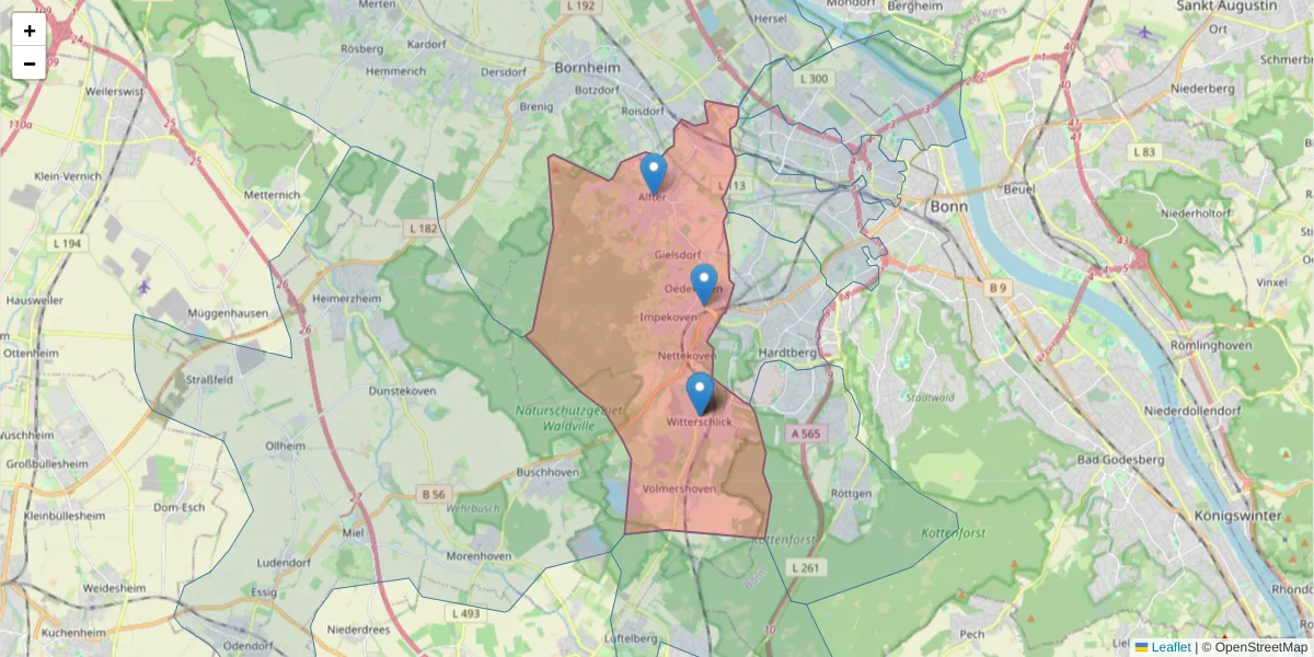 Karte des Postleitzahlen Bereichs  und der umliegenden Postleitzahlen in Deutschland