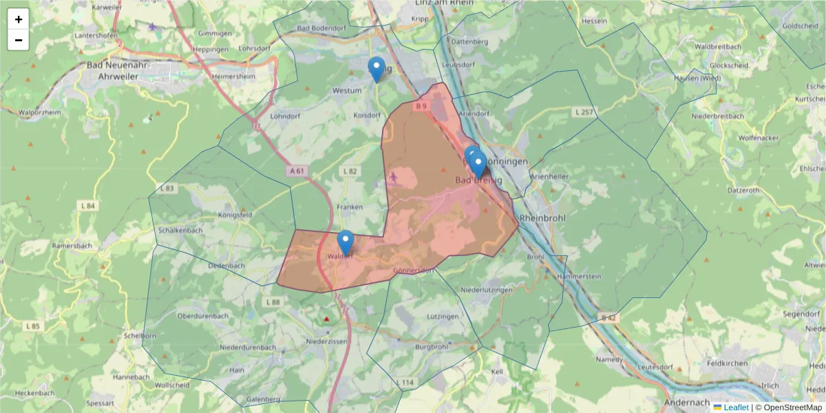 Karte des Postleitzahlen Bereichs  und der umliegenden Postleitzahlen in Deutschland