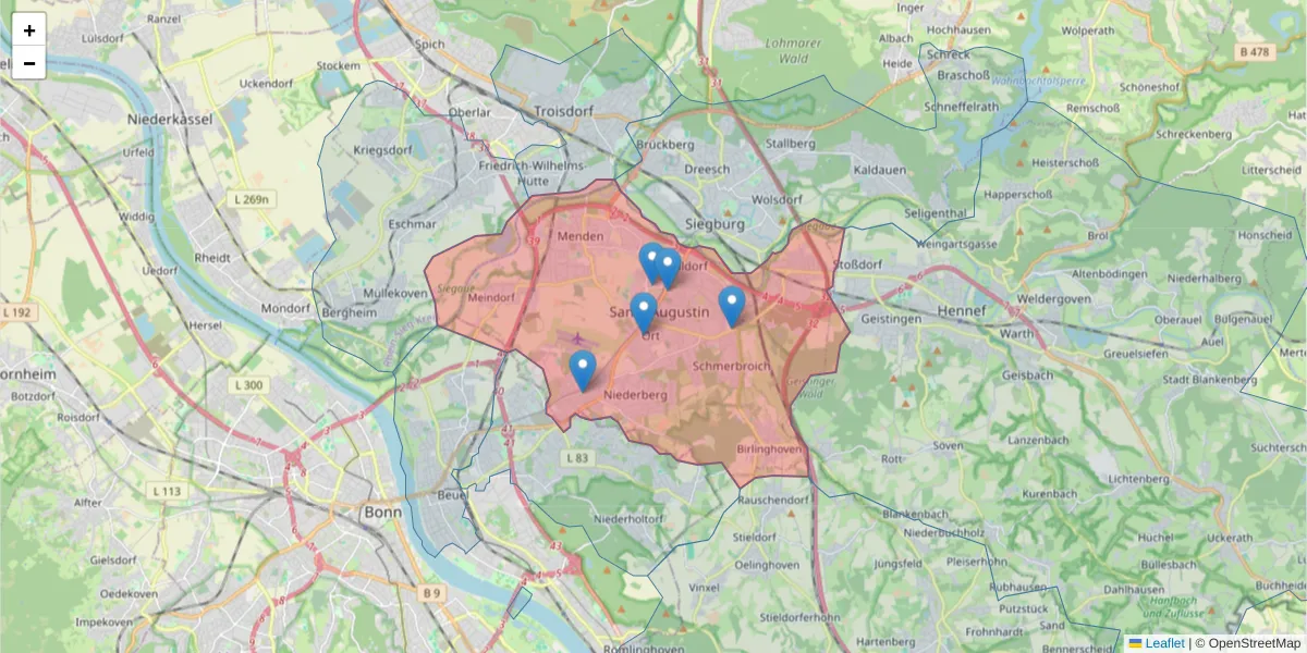 Karte des Postleitzahlen Bereichs  und der umliegenden Postleitzahlen in Deutschland