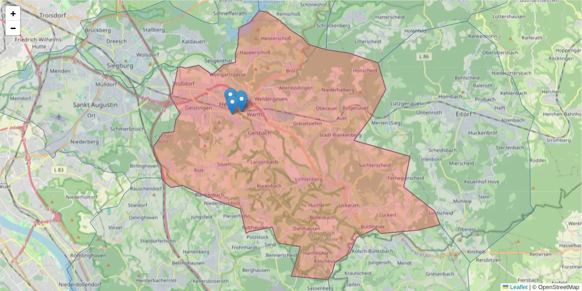 Karte des Postleitzahlen Bereichs  und der umliegenden Postleitzahlen in Deutschland