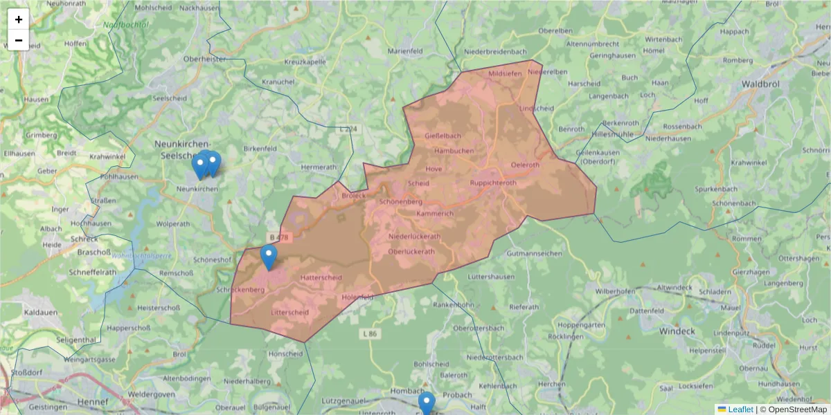Karte des Postleitzahlen Bereichs  und der umliegenden Postleitzahlen in Deutschland