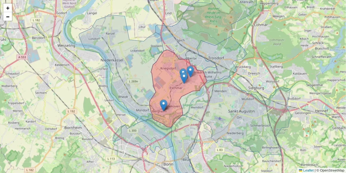 Karte des Postleitzahlen Bereichs  und der umliegenden Postleitzahlen in Deutschland