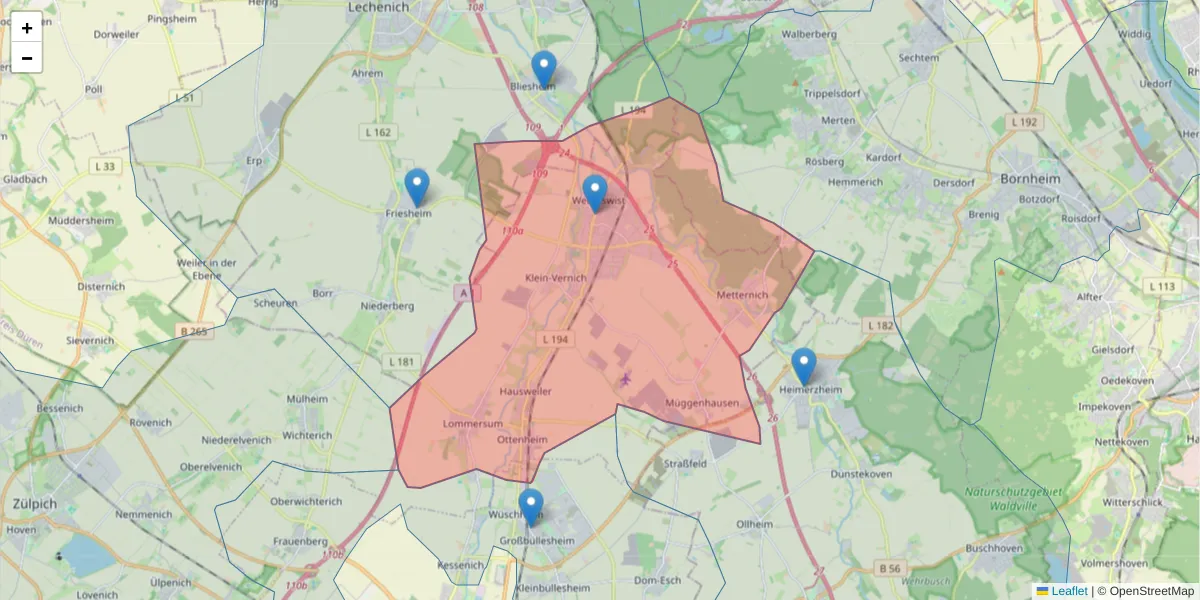 Karte des Postleitzahlen Bereichs  und der umliegenden Postleitzahlen in Deutschland