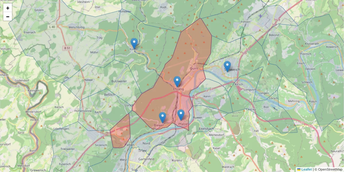 Karte des Postleitzahlen Bereichs  und der umliegenden Postleitzahlen in Deutschland
