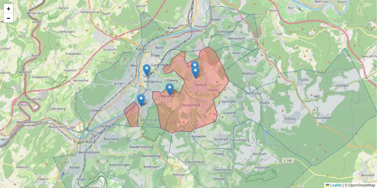 Karte des Postleitzahlen Bereichs  und der umliegenden Postleitzahlen in Deutschland
