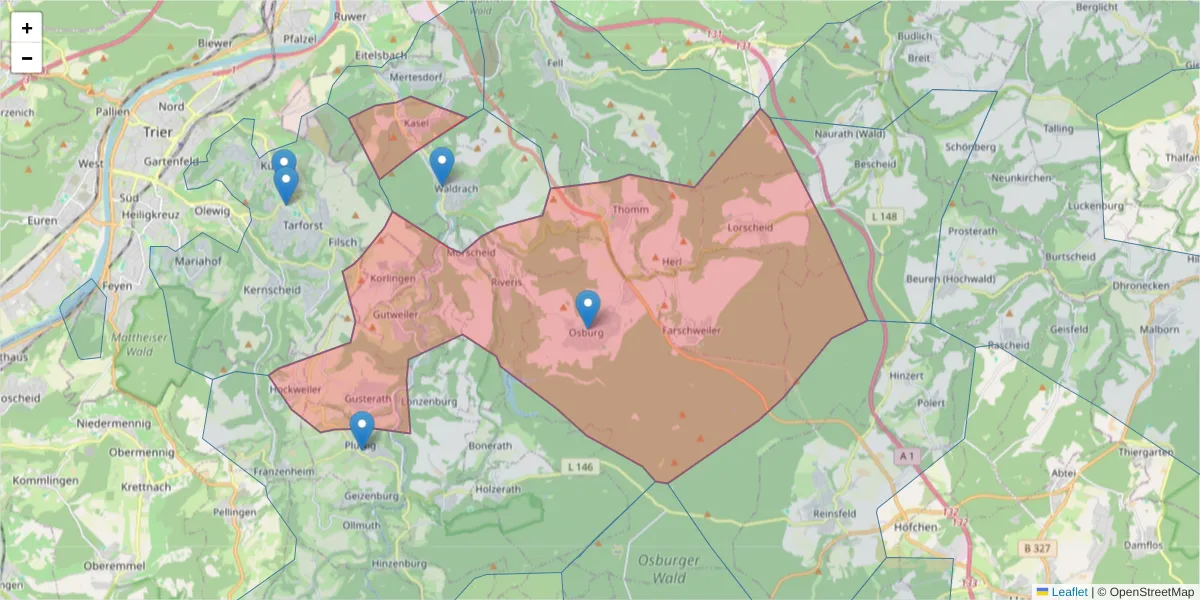 Karte des Postleitzahlen Bereichs  und der umliegenden Postleitzahlen in Deutschland
