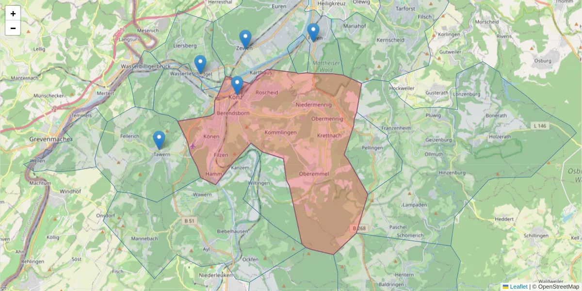 Karte des Postleitzahlen Bereichs  und der umliegenden Postleitzahlen in Deutschland