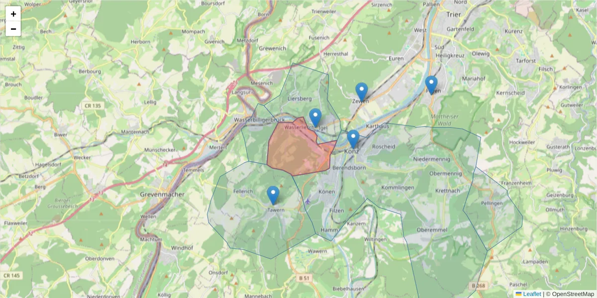Karte des Postleitzahlen Bereichs  und der umliegenden Postleitzahlen in Deutschland