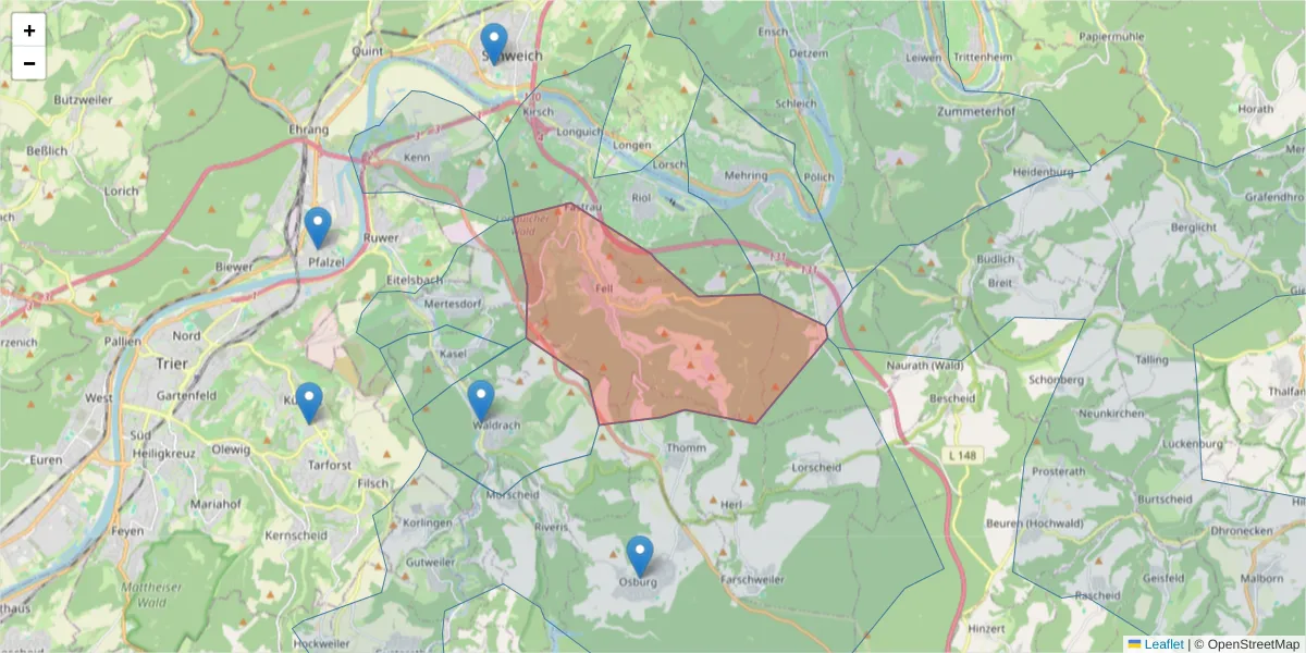 Karte des Postleitzahlen Bereichs  und der umliegenden Postleitzahlen in Deutschland
