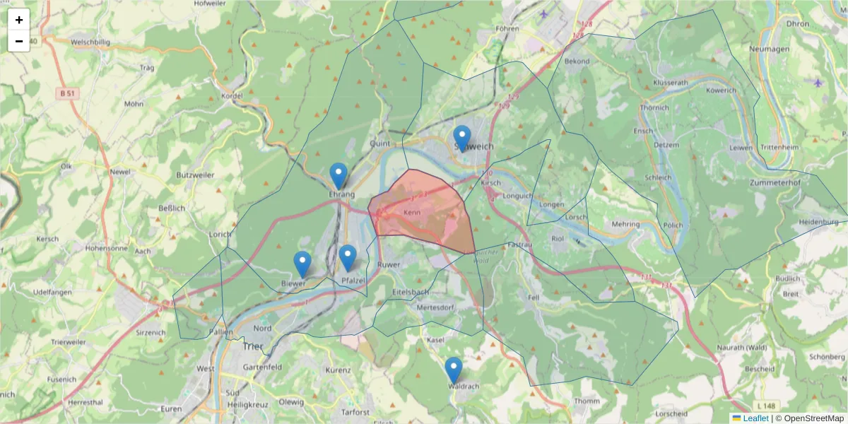 Karte des Postleitzahlen Bereichs  und der umliegenden Postleitzahlen in Deutschland