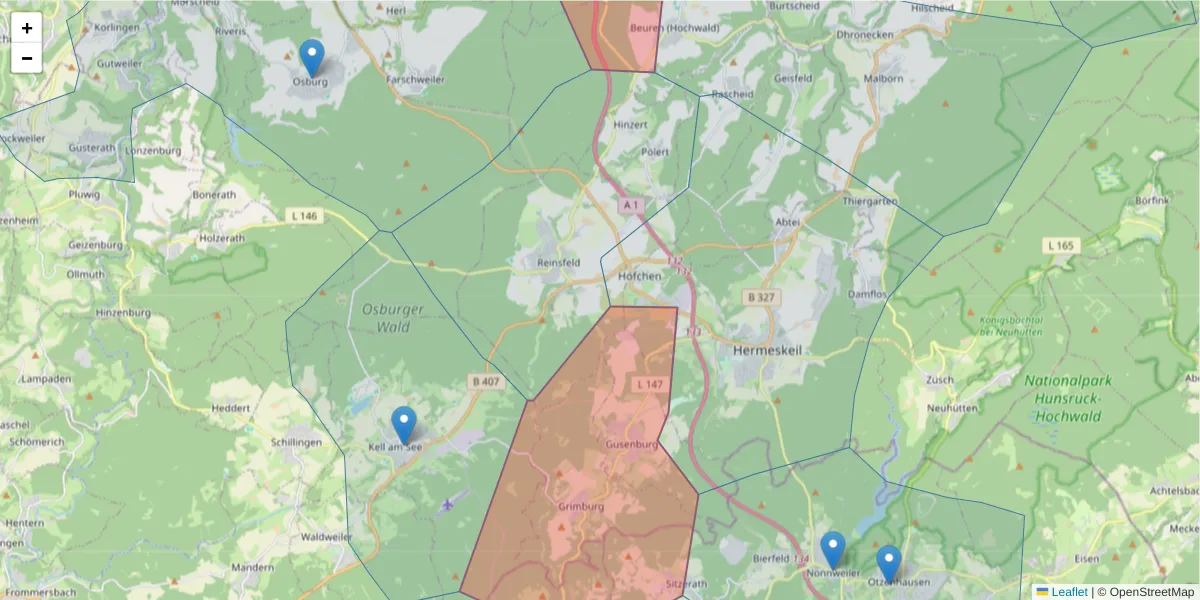 Karte des Postleitzahlen Bereichs  und der umliegenden Postleitzahlen in Deutschland