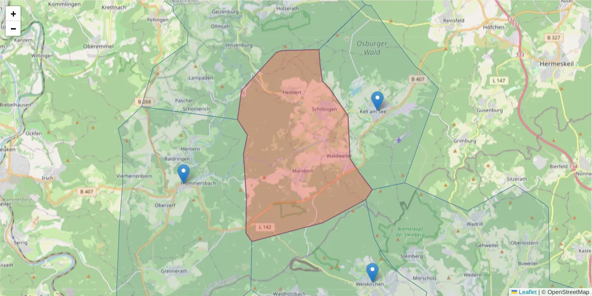 Karte des Postleitzahlen Bereichs  und der umliegenden Postleitzahlen in Deutschland