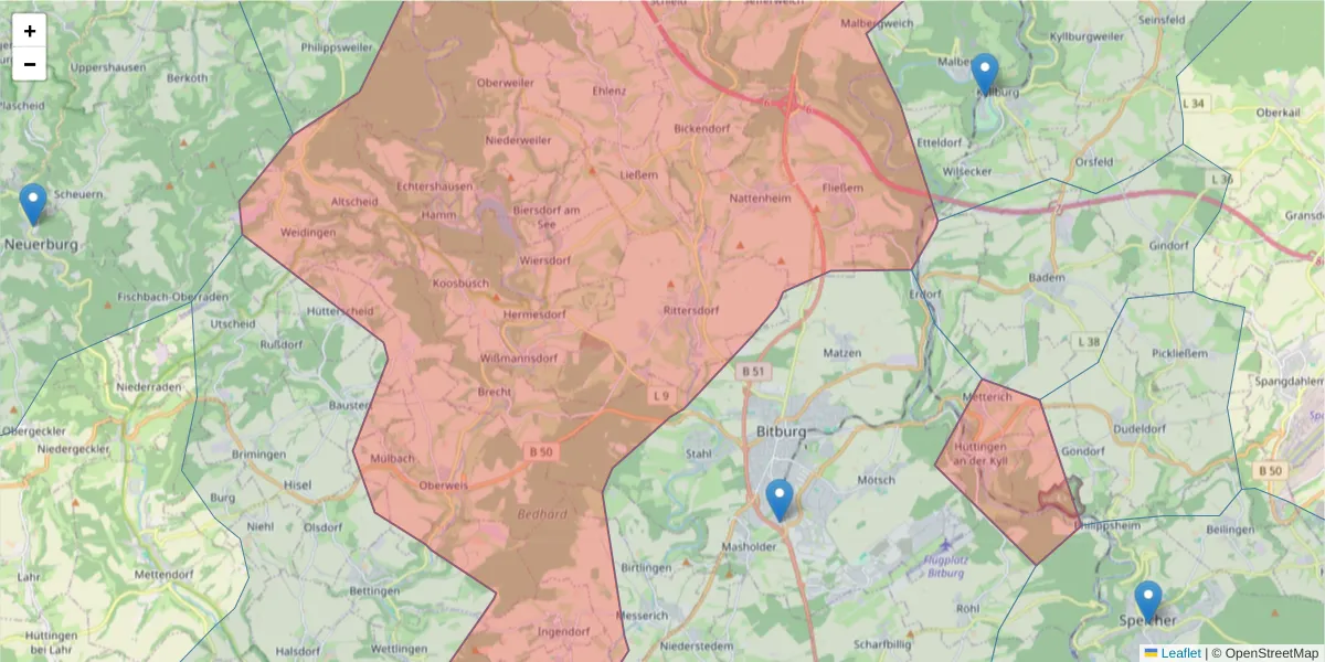 Karte des Postleitzahlen Bereichs  und der umliegenden Postleitzahlen in Deutschland