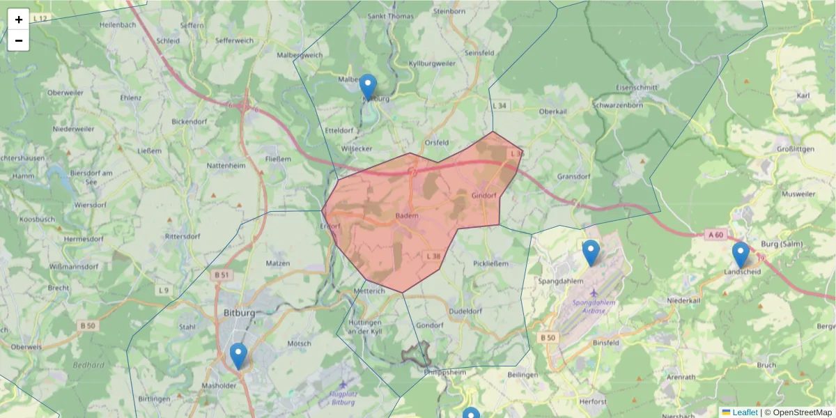 Karte des Postleitzahlen Bereichs  und der umliegenden Postleitzahlen in Deutschland