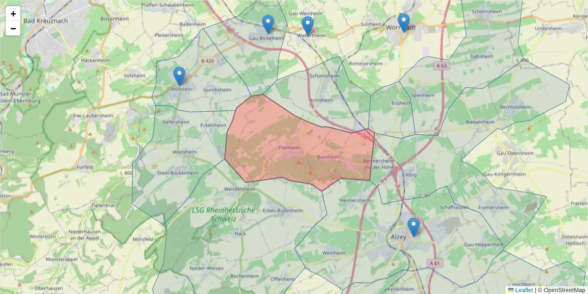 Karte des Postleitzahlen Bereichs  und der umliegenden Postleitzahlen in Deutschland