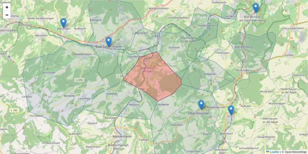 Karte des Postleitzahlen Bereichs  und der umliegenden Postleitzahlen in Deutschland