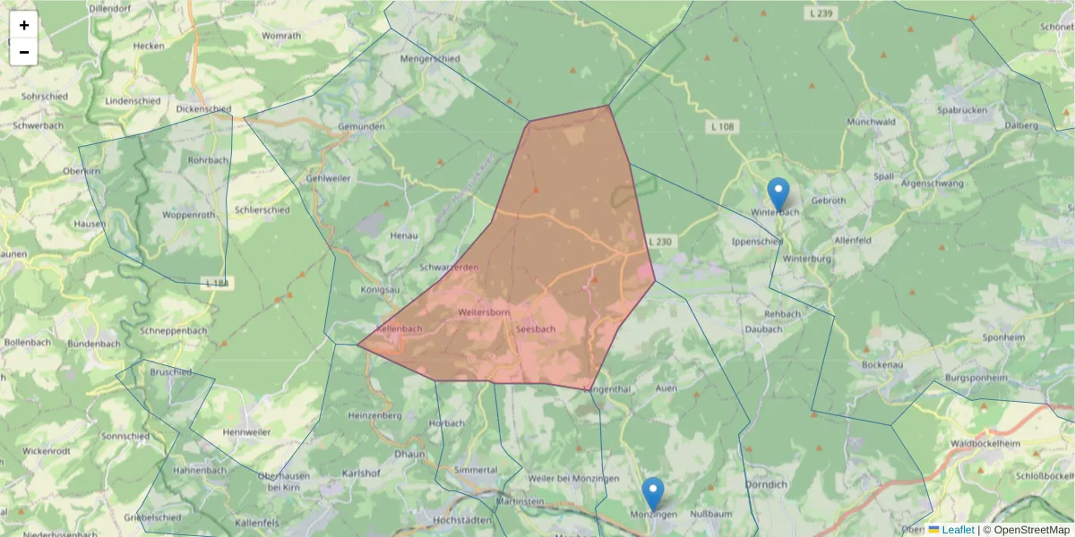 Karte des Postleitzahlen Bereichs  und der umliegenden Postleitzahlen in Deutschland