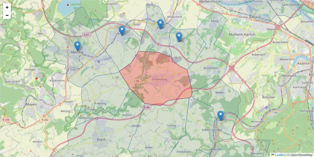 Karte des Postleitzahlen Bereichs  und der umliegenden Postleitzahlen in Deutschland