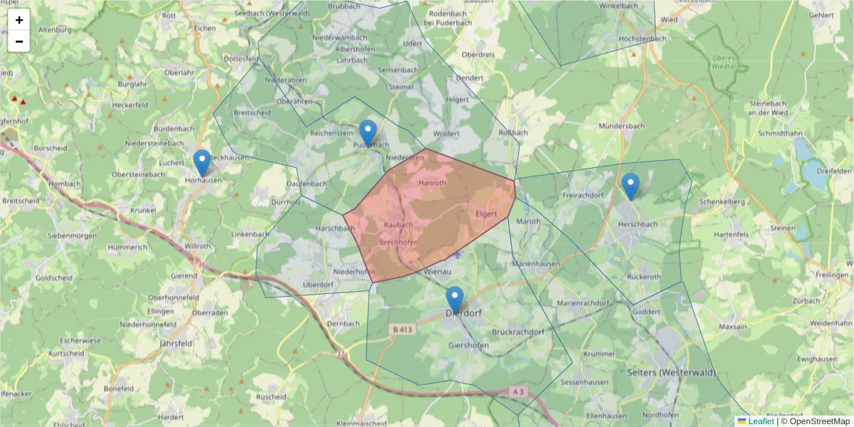 Karte des Postleitzahlen Bereichs  und der umliegenden Postleitzahlen in Deutschland