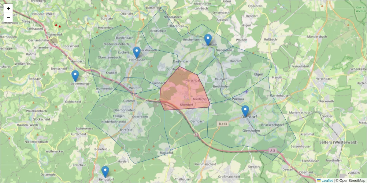 Karte des Postleitzahlen Bereichs  und der umliegenden Postleitzahlen in Deutschland