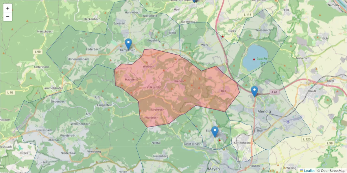 Karte des Postleitzahlen Bereichs  und der umliegenden Postleitzahlen in Deutschland