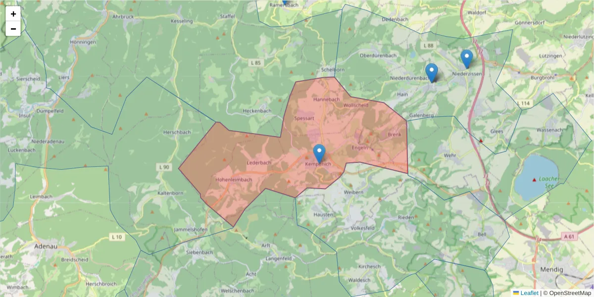 Karte des Postleitzahlen Bereichs  und der umliegenden Postleitzahlen in Deutschland