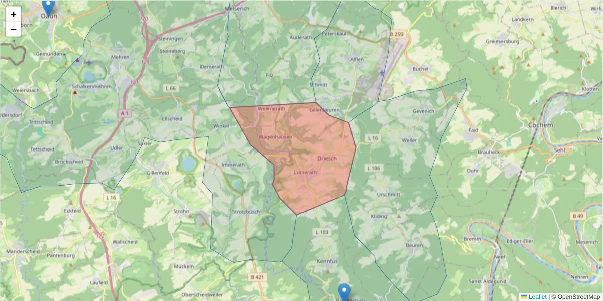 Karte des Postleitzahlen Bereichs  und der umliegenden Postleitzahlen in Deutschland