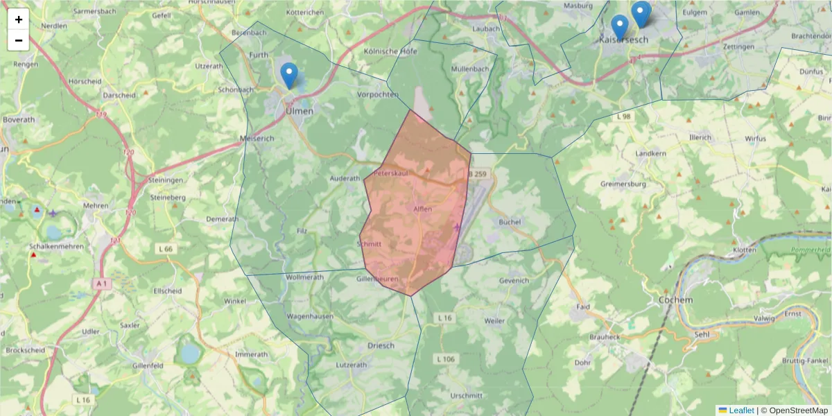 Karte des Postleitzahlen Bereichs  und der umliegenden Postleitzahlen in Deutschland