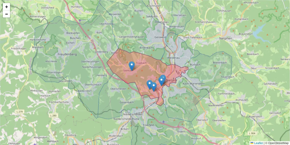 Karte des Postleitzahlen Bereichs  und der umliegenden Postleitzahlen in Deutschland
