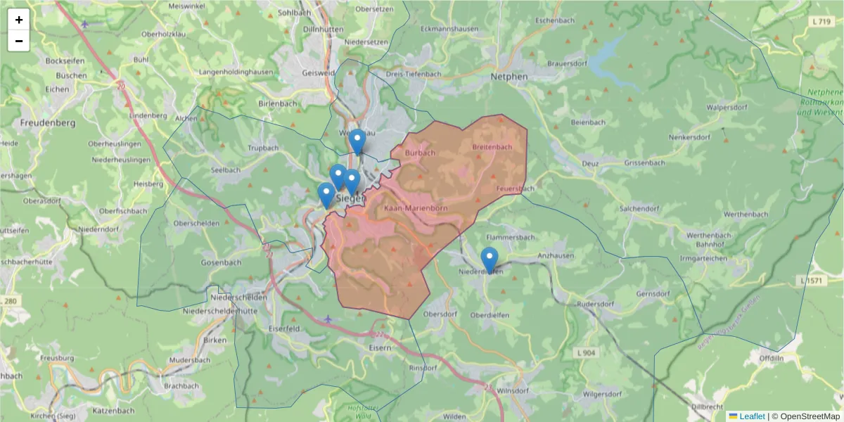Karte des Postleitzahlen Bereichs  und der umliegenden Postleitzahlen in Deutschland