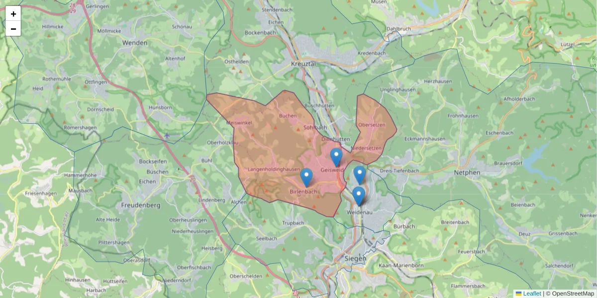 Karte des Postleitzahlen Bereichs  und der umliegenden Postleitzahlen in Deutschland