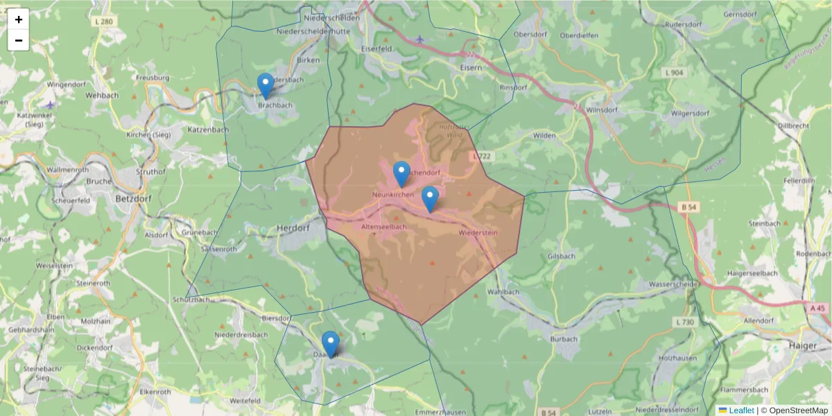 Karte des Postleitzahlen Bereichs  und der umliegenden Postleitzahlen in Deutschland
