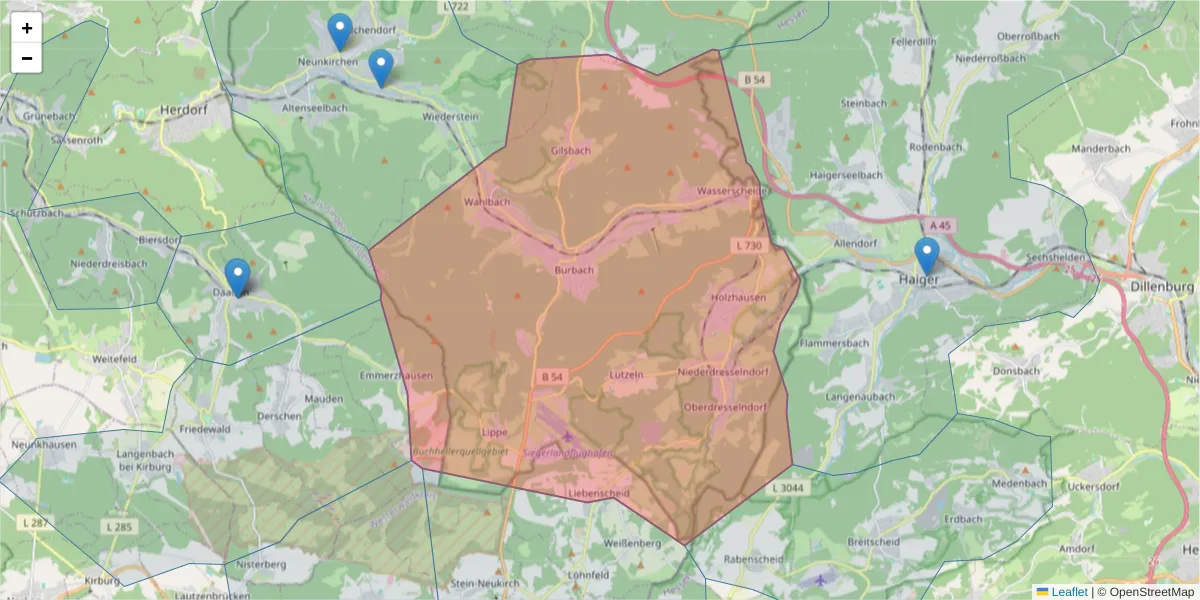 Karte des Postleitzahlen Bereichs  und der umliegenden Postleitzahlen in Deutschland