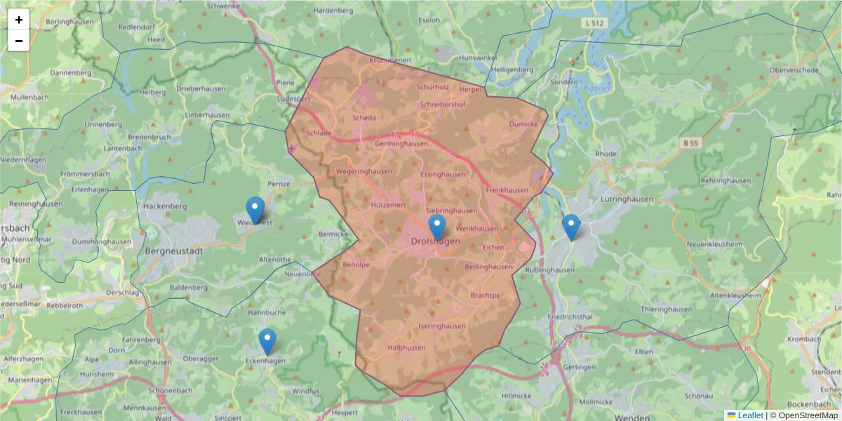 Karte des Postleitzahlen Bereichs  und der umliegenden Postleitzahlen in Deutschland