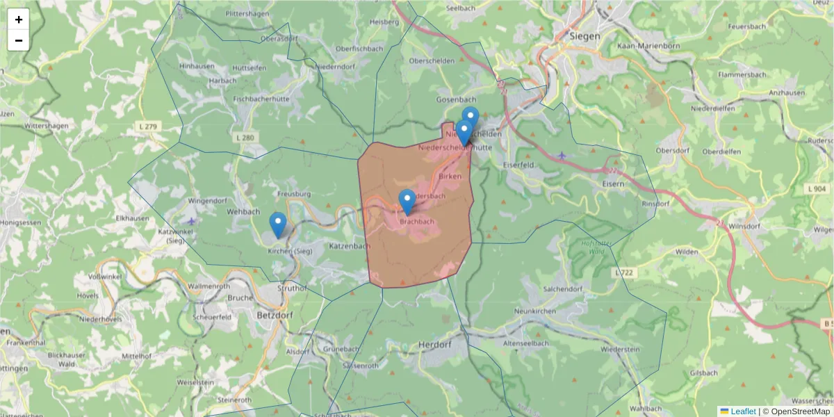 Karte des Postleitzahlen Bereichs  und der umliegenden Postleitzahlen in Deutschland