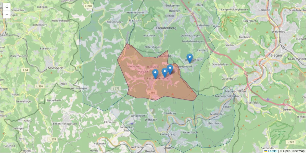Karte des Postleitzahlen Bereichs  und der umliegenden Postleitzahlen in Deutschland
