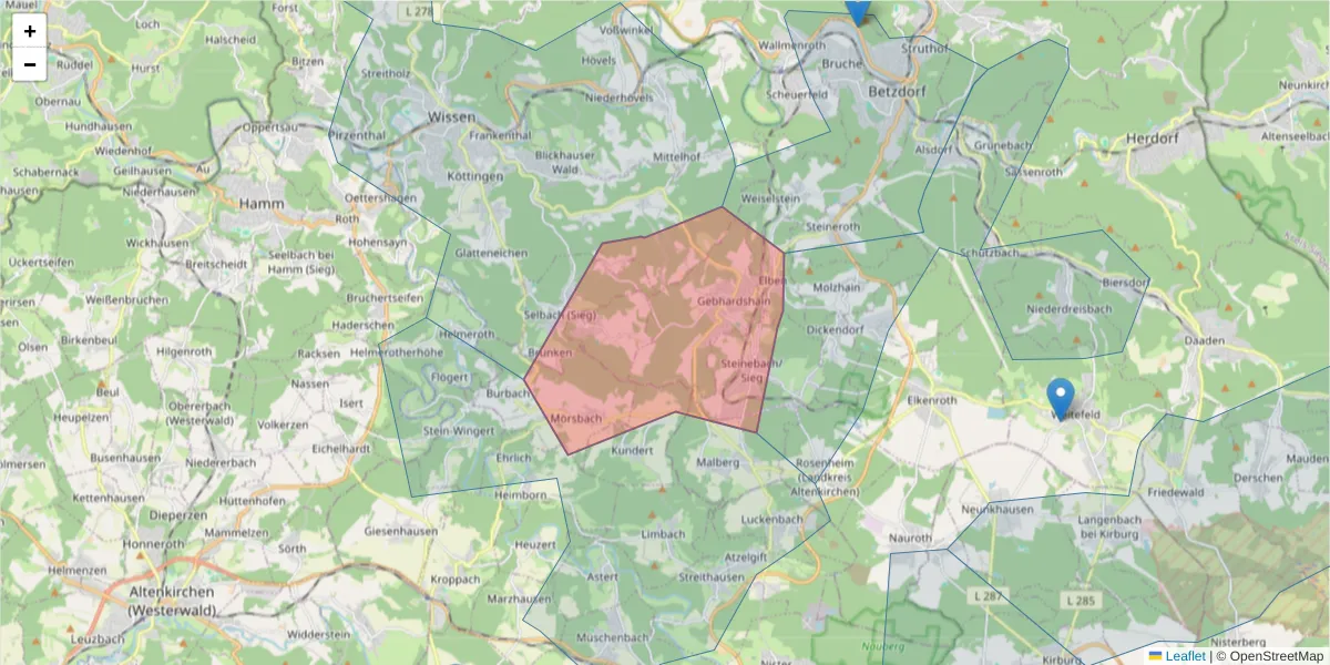 Karte des Postleitzahlen Bereichs  und der umliegenden Postleitzahlen in Deutschland