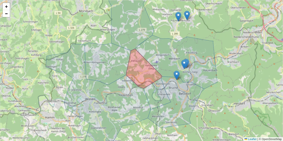 Karte des Postleitzahlen Bereichs  und der umliegenden Postleitzahlen in Deutschland