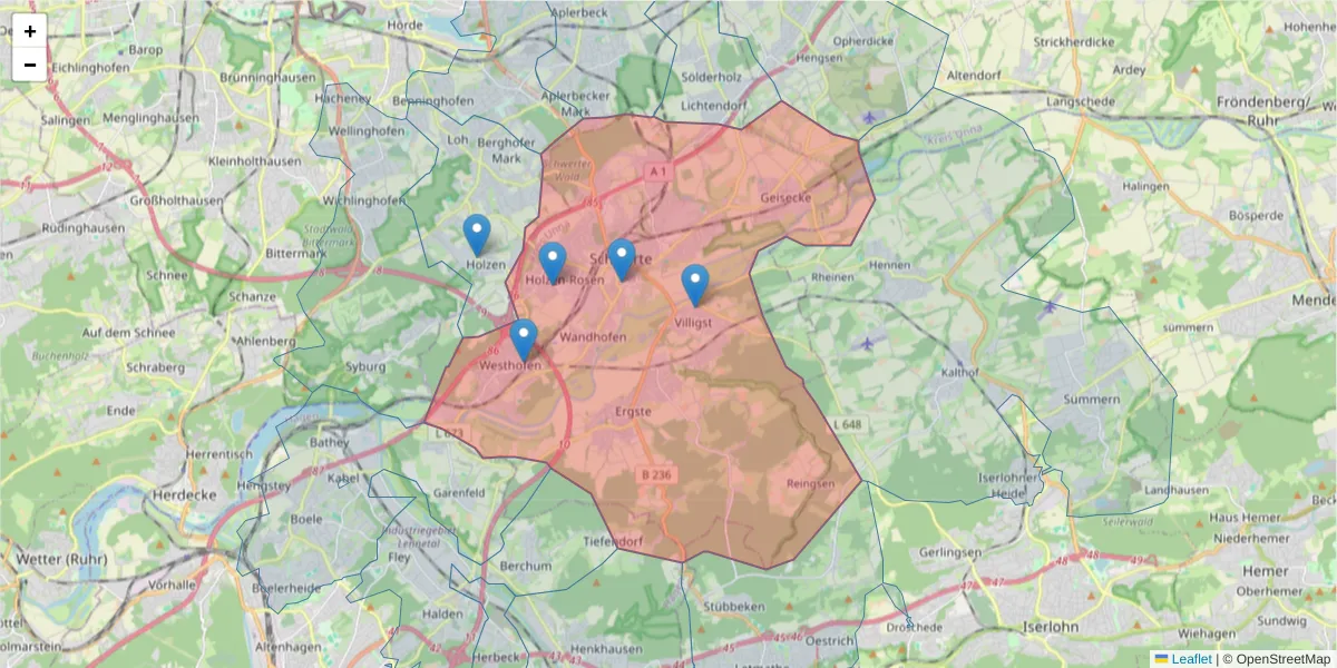 Karte des Postleitzahlen Bereichs  und der umliegenden Postleitzahlen in Deutschland