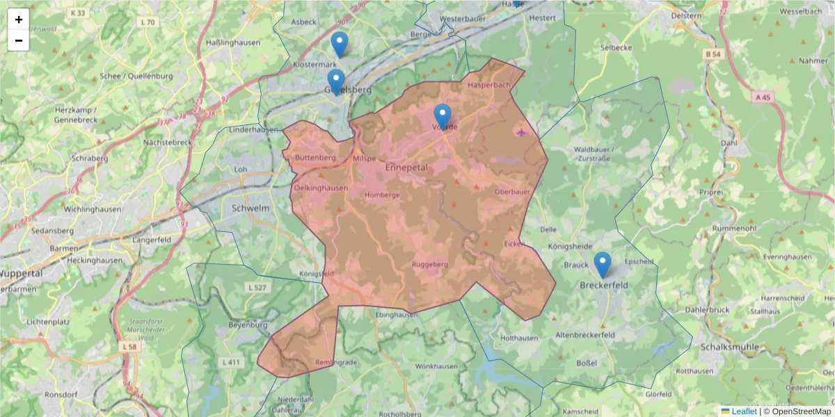 Karte des Postleitzahlen Bereichs  und der umliegenden Postleitzahlen in Deutschland