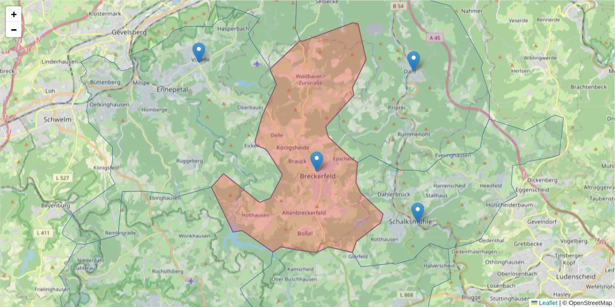 Karte des Postleitzahlen Bereichs  und der umliegenden Postleitzahlen in Deutschland