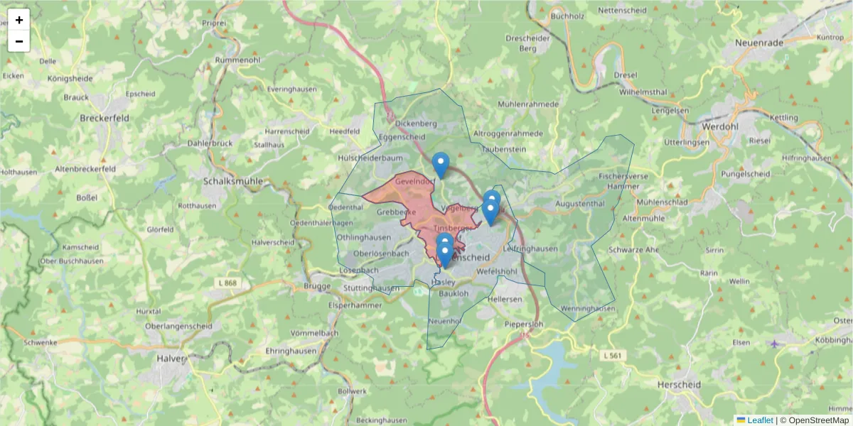 Karte des Postleitzahlen Bereichs  und der umliegenden Postleitzahlen in Deutschland