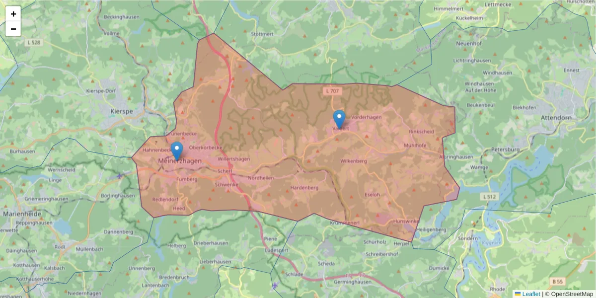 Karte des Postleitzahlen Bereichs  und der umliegenden Postleitzahlen in Deutschland