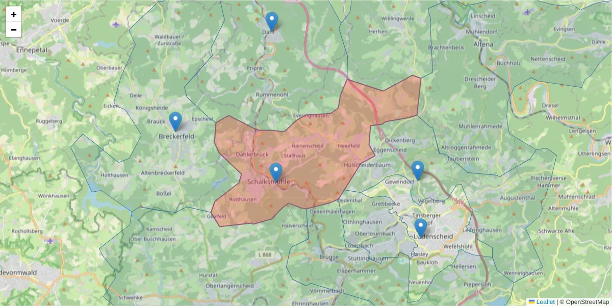 Karte des Postleitzahlen Bereichs  und der umliegenden Postleitzahlen in Deutschland
