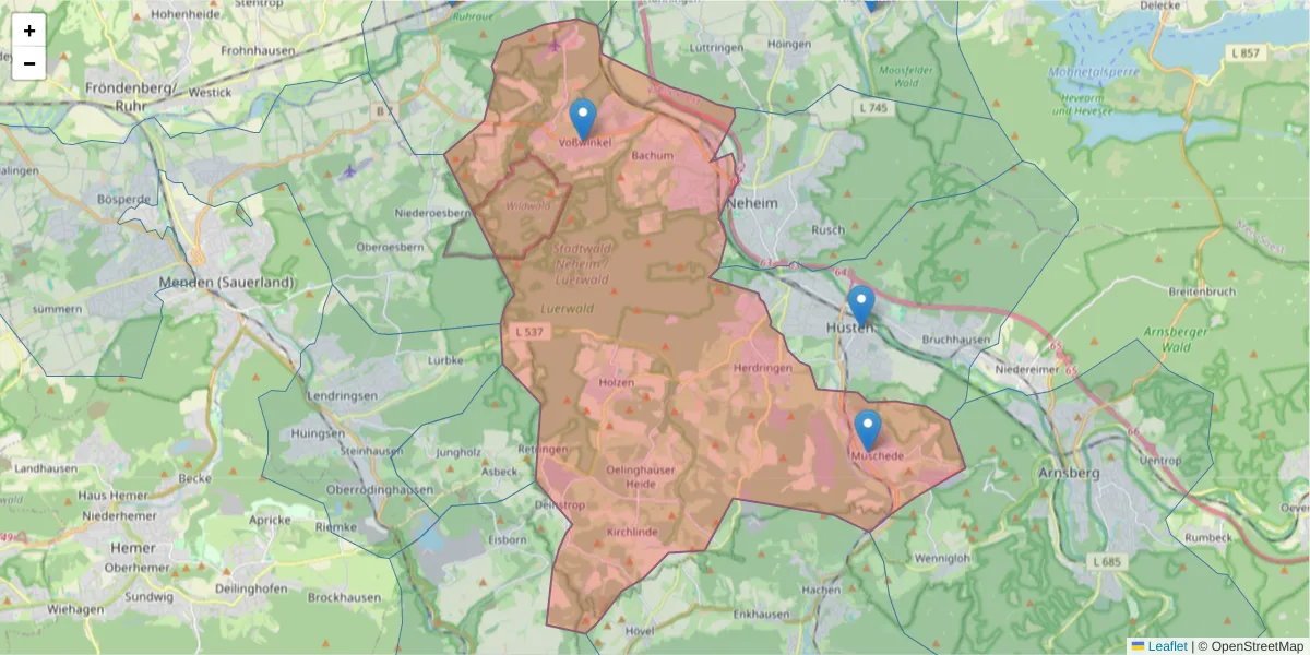 Karte des Postleitzahlen Bereichs  und der umliegenden Postleitzahlen in Deutschland