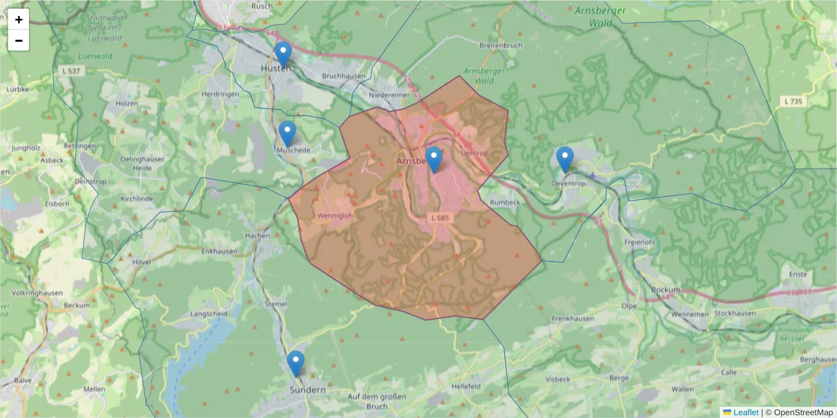 Karte des Postleitzahlen Bereichs  und der umliegenden Postleitzahlen in Deutschland