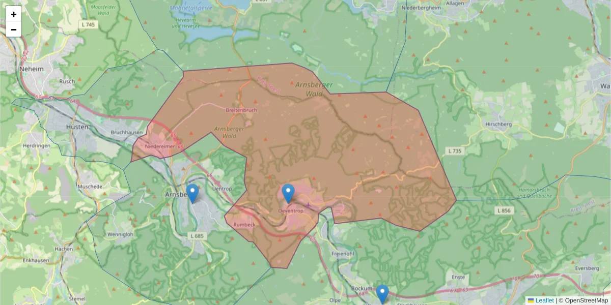 Karte des Postleitzahlen Bereichs  und der umliegenden Postleitzahlen in Deutschland