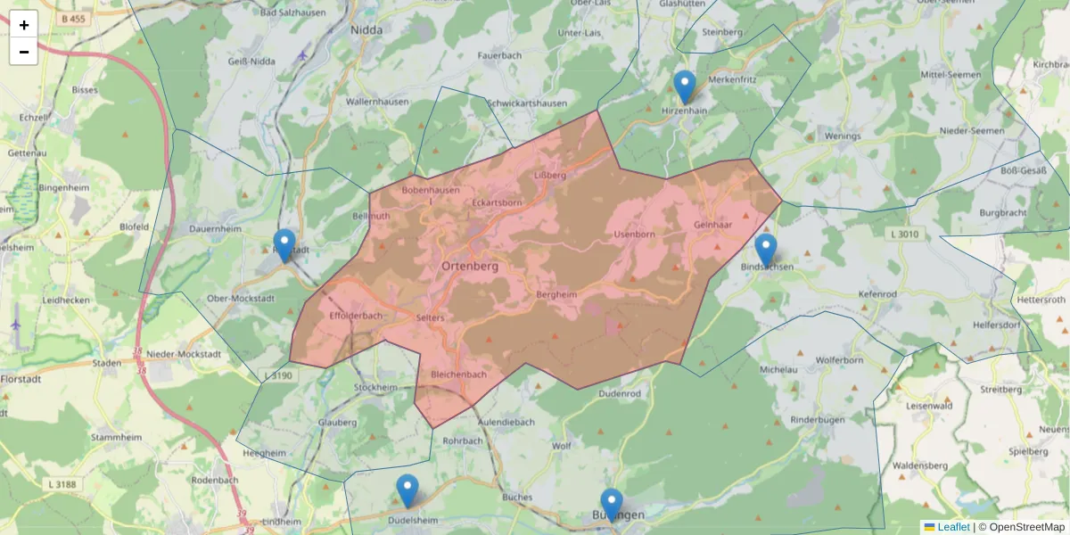Karte des Postleitzahlen Bereichs  und der umliegenden Postleitzahlen in Deutschland
